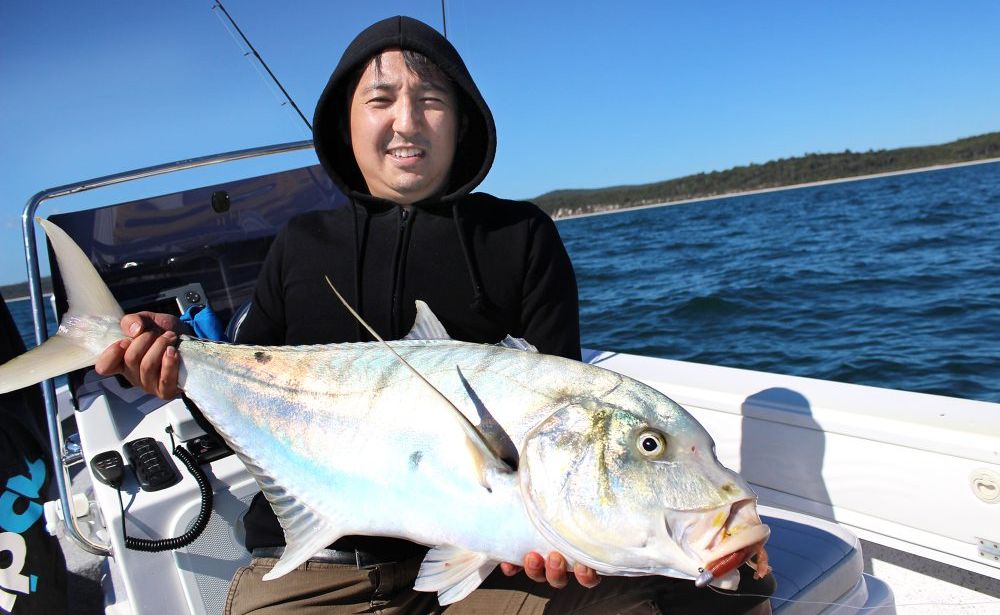 Susumu Okabe with a lovely golden trevally caught on Zman five-inch Grubz while fishing with Hervey Bay Fly and Sportfishing. Susumu Okabe with a lovely golden trevally caught on Zman five-inch Grubz while fishing with Hervey Bay Fly and Sportfishing.